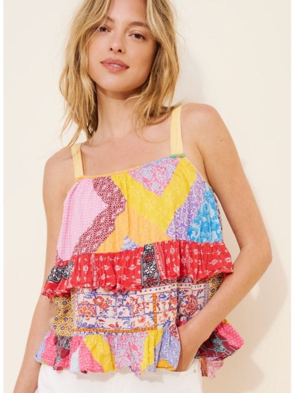 Anthropologie Let Me Be Patchwork Print Ruffle Tank Top Tie Straps Size 4 Boho